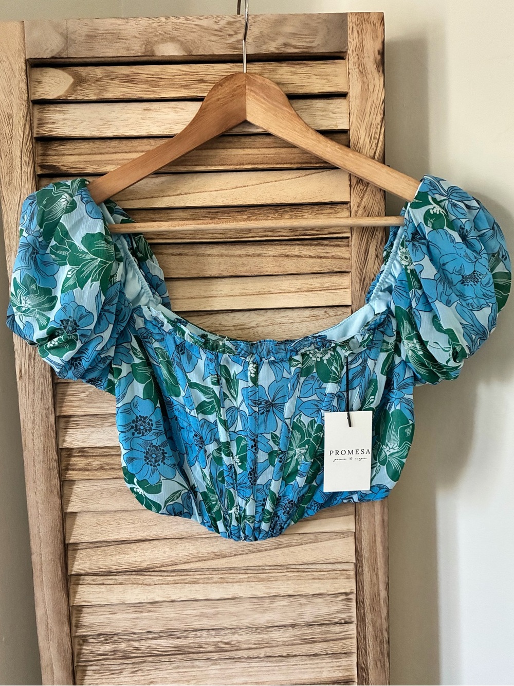 Promesa Floral Corset Crop Top Blue Green Puff Sleeve Back Zip NWT Size Small